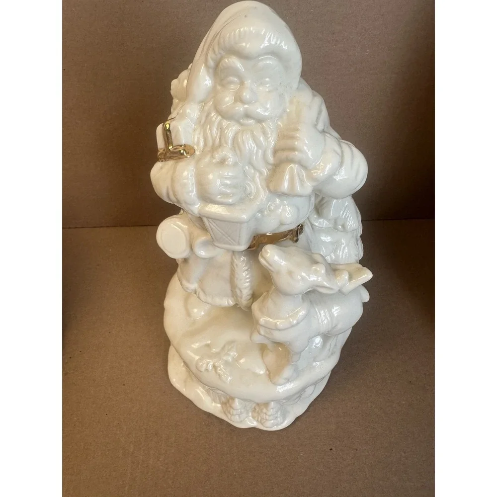 Vtg White Glazed Ceramic Porcelain Santa Claus Reindeer Lantern Figurine 9.5